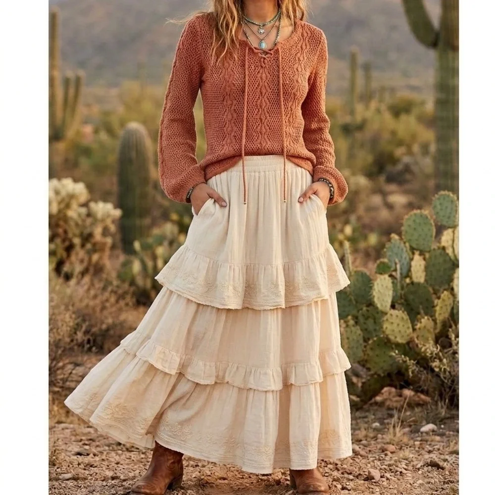 Vintage Boho Western Open Knit Sweater Womens S Lace‎ Up Hippie Cottage Peasant